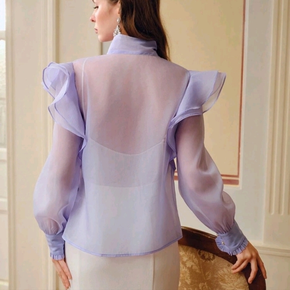 ORGANZA TIE NECK RUFFLE TRIM LANTERN SLEEVE BLOUSE - Picture 2 of 5